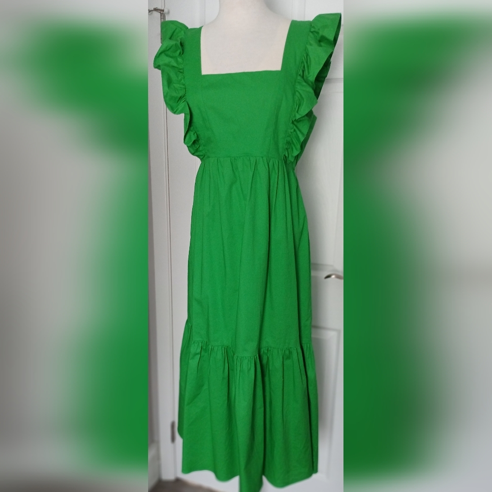 Scoop Cotton Kelly Green Ruffle Sleeve Midi Dress. Size Med(8-10).